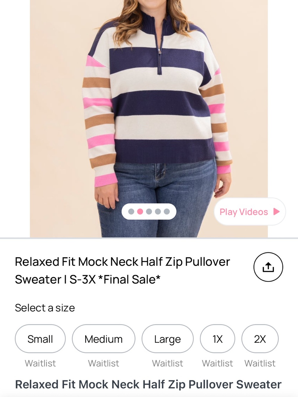 NWT sew in love Striped Relaxed Fit Mock Neck Half-Zip Sweater